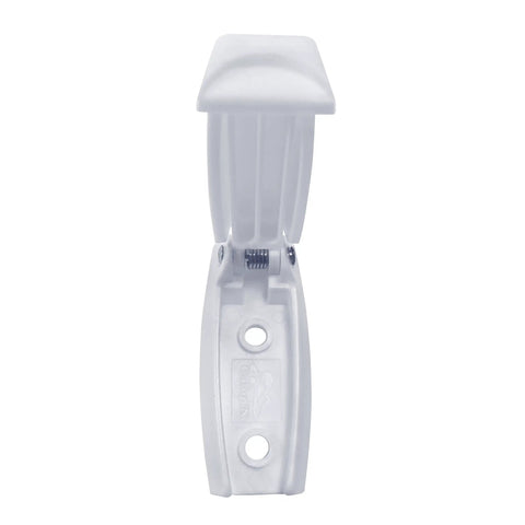 Close-up of a single white latch from the Heavy Duty RV Storage Door Latches 12 Pack with Spring Clips and Mounting Hardware.