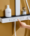 Exposed Shower Faucet System Piano Key Diverter Control White, user interacting with buttons on the wall-mounted unit.