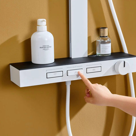 Exposed Shower Faucet System Piano Key Diverter Control White, user interacting with buttons on the wall-mounted unit.