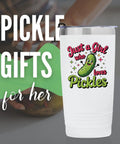 Pickle Girl Vibes 20 Oz Insulated Stainless Steel Travel Tumbler With Secure Lid showing pickle design and text, perfect for gifts.