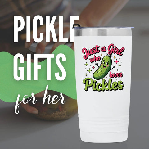 Pickle Girl Vibes 20 Oz Insulated Stainless Steel Travel Tumbler With Secure Lid showing pickle design and text, perfect for gifts.