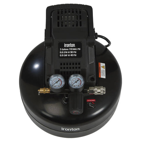Portable 3 Gallon Air Compressor 0.3 HP 110 PSI Max Pressure Oil Free Pump No Sweat Maintenance top view with gauges