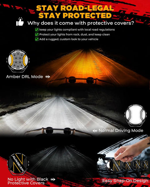 Side Shooter LED Light Bar, 5 Inch 172W Offroad Lights Pods 20400LM, showcasing amber DRL and normal driving mode with covers