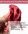 2 Inch Universal Toilet Tank Flapper Replacement, 2 Pack, Durable Rubber Seal with Stainless Steel Chain in hand.