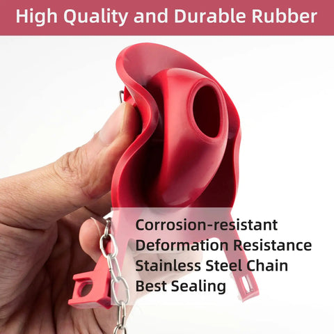 2 Inch Universal Toilet Tank Flapper Replacement, 2 Pack, Durable Rubber Seal with Stainless Steel Chain in hand.