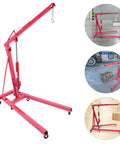 Premium Heavy Duty 1 Ton Folding Hydraulic Engine Hoist Shop Crane With Wheels, red steel, used for lifting engines.
