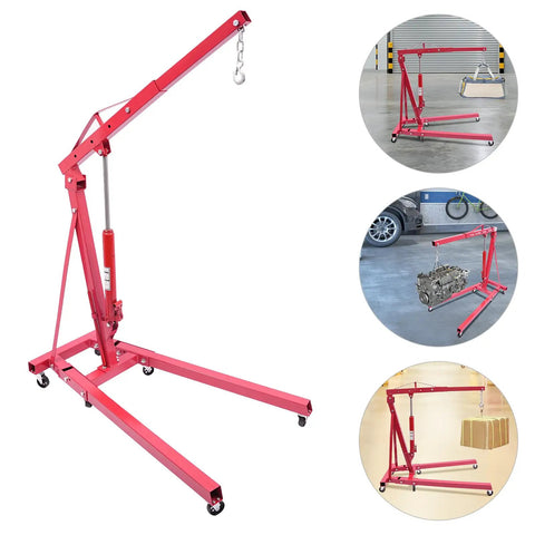 Premium Heavy Duty 1 Ton Folding Hydraulic Engine Hoist Shop Crane With Wheels, red steel, used for lifting engines.