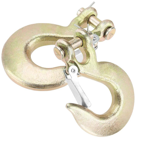 2 Pack 1/2 Inch G70 Forged Steel Clevis Grab Hook With Safety Latch Badass Strength WLL 18000 Lbs close-up view, zinc plated.