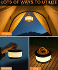 Retractable 32.8 Feet RGB Camping String Lights With Rechargeable LED Fairy Lights shown in tent, handheld, and on the ground.