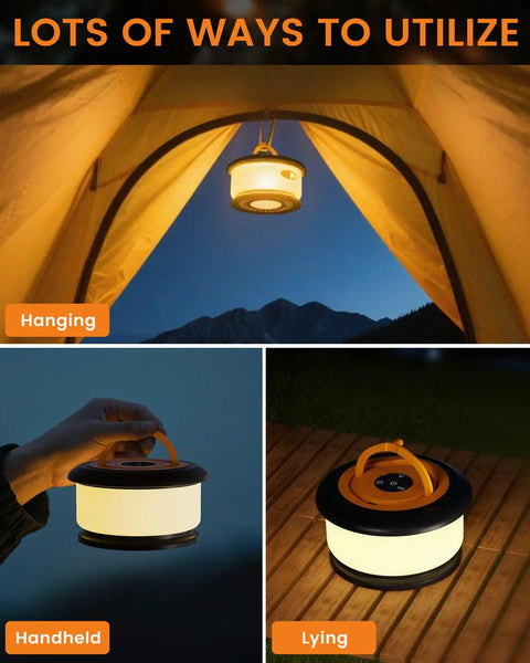 Retractable 32.8 Feet RGB Camping String Lights With Rechargeable LED Fairy Lights shown in tent, handheld, and on the ground.