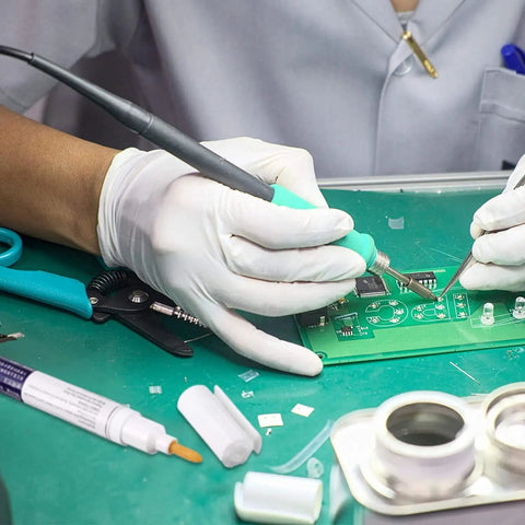 Person using Three Piece No Clean Soldering Pen Rosin Solder Pen For Electronics Tabbing Wiring Liquid Solder For PCB Board Maintenance And Welding Pro Grade Tools 5.6 Inch Length Grab And Go Soldering Kit on PCB board.