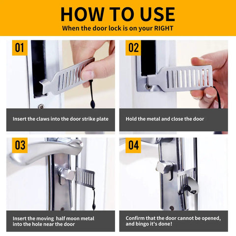 Compact Travel Door Lock For Hotels And Apartments, Easy Install Portable Security Device usage steps with illustrations