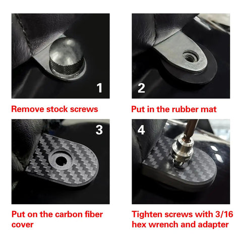 Tighten Up Your Setup With Badass Anti Theft Seat Screws Featuring A Cool Carbon Fiber Look And Heavy Duty Stainless Steel Body Fits 1 4 X 20 Threads Like A Glove Includes A Quick Grab Hex Tool For Smooth Take Off On Touring Bikes installation steps for anti-theft seat screws with rubber mat and carbon fiber cover.