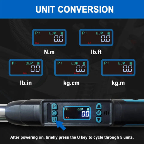 Adjustable Digital Torque Wrench For Tight Spaces 5 To 99.6 Ft Lb Or 6.8 To 135 Nm 22.8 In Electronic Torque Wrench display screen