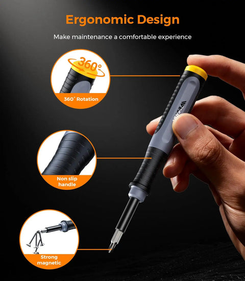 Ergonomic view of 52in1 Mini Precision Screwdriver Set With S2 Military Grade Alloy Bits, highlighting 360° rotation and strong magnetic design.