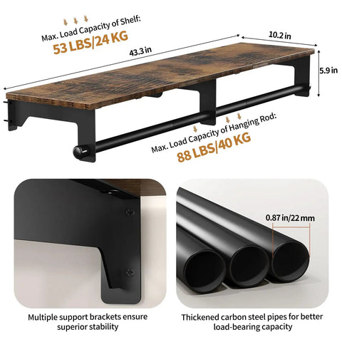 Heavy Duty Wall Mount Clothes Rack Featuring A Solid Wood Top Shelf And Rust Free Steel Framing For A No Fuss Entryway Setup that shows dimensions and load capacities.