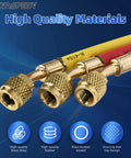 Refrigerant hose set 3-pack with brass knurled 1/4 in flare fittings, 72-inch length, color-coded blue red yellow.
