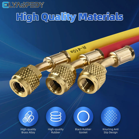 Refrigerant hose set 3-pack with brass knurled 1/4 in flare fittings, 72-inch length, color-coded blue red yellow.