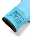 Close-up of blue durable work gloves with 15 gauge polyester and 10 gauge acrylic double shell latex fully coated palm, size 9 large.
