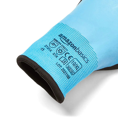 Close-up of blue durable work gloves with 15 gauge polyester and 10 gauge acrylic double shell latex fully coated palm, size 9 large.