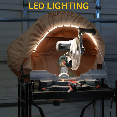 Dust Collection Hood With Led Light For 10 Inch And 12 Inch Miter Saws Universal Fit Heavy Duty Miter Saw Dust Collector Hood installed on saw