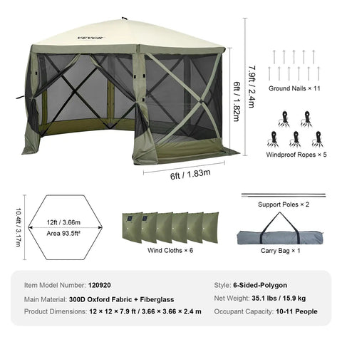 12x12ft Pop Up Gazebo Tent With Mosquito Netting, 6 Removable Wind Panels, Army Green, outdoor canopy with UPF50 sun protection.