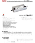 Rugged 480W 36V Industrial Power Supply, Single Output, Encapsulated ACDC Unit, 90 To 305 VAC Input, 13.3 A Output, Beefy Reliability For Tough Projects. Aluminum-cased HEP-480 module shown on spec sheet