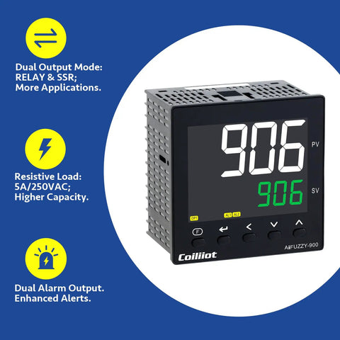 PID Temperature Controller With Dual Output Relay And SSR, LCD Display, Dual Alarm Outputs, K Type Thermocouple, AC100-240V, Panel Mount 96x96mm