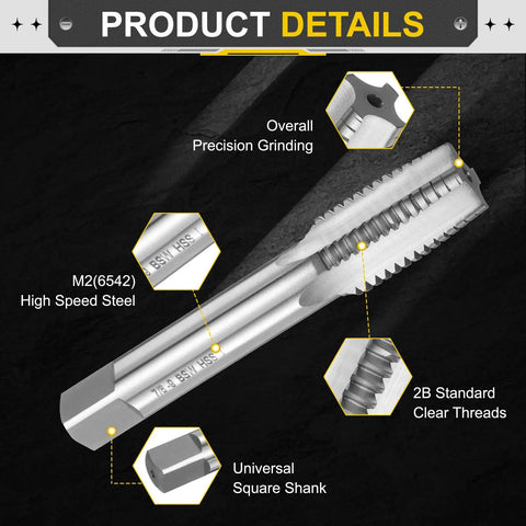 Top Shelf 7/8 To 9 BSW Taper Hand Tap Crafted From Slick High Speed Steel Gear with precision grind details and square shank.