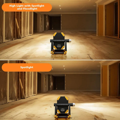 2 Pack 2500LM Magnetic Rechargeable Work Light With 360 Degree Rotating Stand And Foldable Design, showing spotlight mode