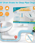 Four Pack Fifty Inch Reusable Drain Snake Tool For Bathroom Kitchen And Tub Sinks with stainless steel wand and packaging.