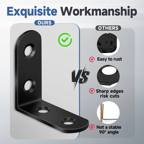 Heavy Duty L Bracket Corner Braces Kit With Matching Screws For Wood Furniture Frames showing black brace design and features.
