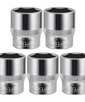 5-Piece 19mm Shallow Sockets Set With Three Eighths Inch Drive, 6-Point, Corrosion-Resistant Design, chrome finish