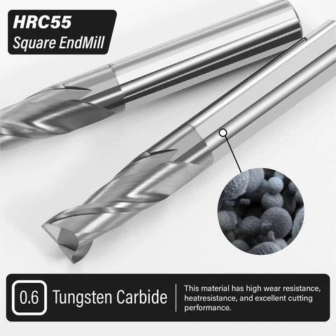 Close-up of a Three Piece Three Thirty Second Inch Carbide End Mill Set With Two Flutes HRC 55 AlTiN Coated Square End Mills.
