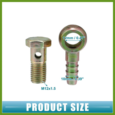 Image of Banjo Bolt Kit M12x1.5 10mm Hose Barb Fittings showing threaded bolt and hose barb with size indicators.