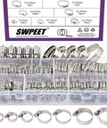 60 Piece Hose Clamp Kit In 6-38mm Range, 304 Stainless Steel Worm Gear Clamps For Plumbing, Auto And Mechanical Projects, Corrosion Resistant, Adjustable Band, Easy To Tighten showing organized clamps in a plastic box