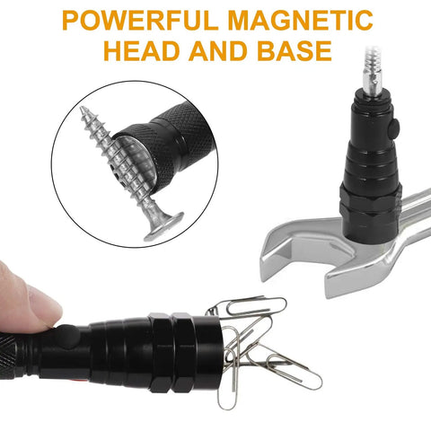Telescoping Magnetic Pickup Tool With LED Light 360 Degree Flexible Magnetic Reach Handy Auto Tool for Men demonstrating magnetism on small metal items and a wrench.