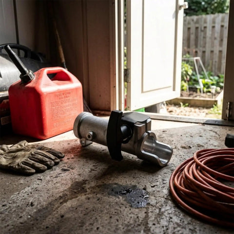 Heavy Duty Shaft Connector With Splines For Garden Power Tools Smooth Operator Instant Coupling Adapter on workbench with tools.