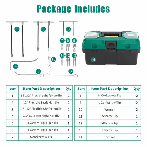 Gland Packing Removal Tool Kit With Flexible Shaft And Corkscrew Hooks, 23-piece stainless steel extractor set in toolbox