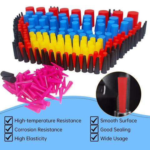 Ugrandf 300 Pcs High Temp Silicone Tapered Masking Plugs Kit For Powder Coating And Painting Seals Like A Champ Without Melting Or Deforming. assorted silicone tapered masking plugs set, top view, multicolor