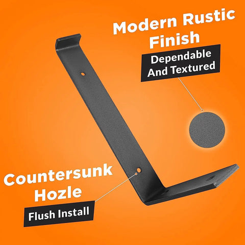 Beefy Heavy Duty J Shelf Brackets With Lip For 9.25 Inch Boards, 10 Inch Shelf Support, black steel, modern rustic finish