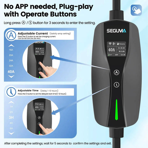 Heavy Duty Solid Level 2 Ev Charger 40 Amp Wall Mount with Smart WiFi App Control showing adjustable settings and display.