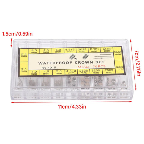 Stainless Steel Watch Crown And Stem Replacement Kit with sizes 3.5-5mm displayed in transparent case labeled Waterproof Crown Set.