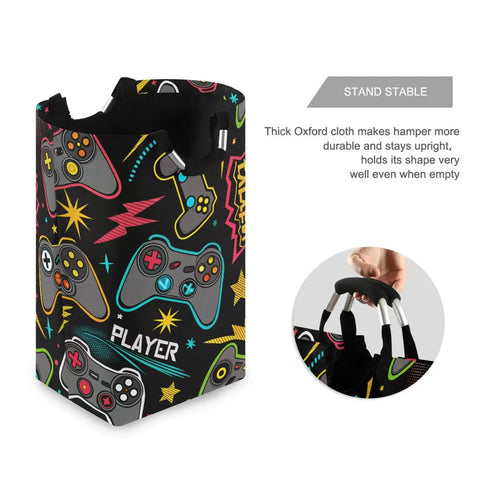 Heavy Duty Tough As Nails Laundry Hamper With Handle Foldable 52L Oxford Cloth with gamepad print in dorm room