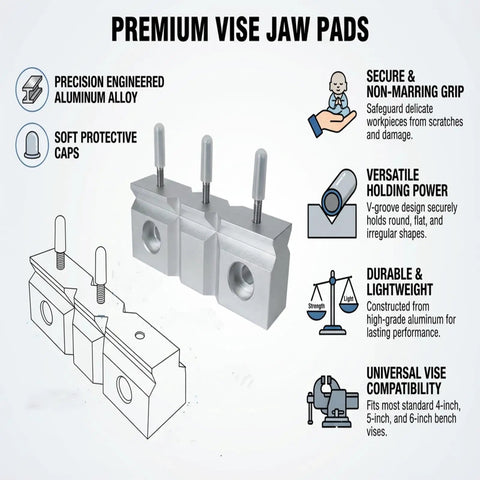 Top Shelf 6 Inch Aluminum Soft Vise Jaws Set Hard Hat Certified Heavy Duty 6061 T6 Bench Vice Pads with non-marring grip.