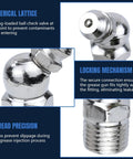 Close-up of nickel-plated grease fittings kit components with descriptions of spherical lattice, locking mechanism, thread precision.