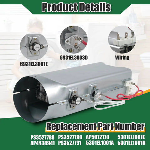 Dryer Heating Element Replacement For DLE Series Dryers with wiring and part numbers displayed