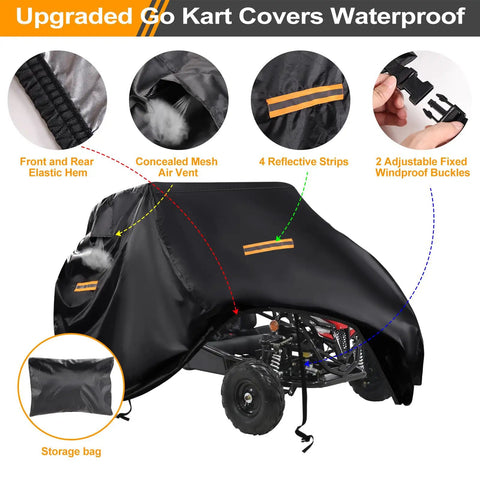 Heavy Duty Waterproof 420D Go Kart Cover For Two Seaters With Air Vent, Reflective Handles, Windproof Buckles, black cover on go kart