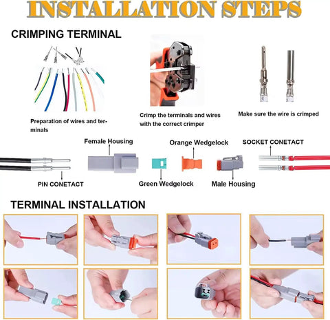 Installation steps for Six Pin Waterproof Heavy Duty Electrical Connector Kit with stamped terminals and seal plugs