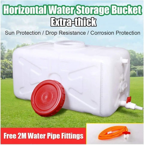 Horizontal extra-thick Outdoor Water Storage Tank 150L Workhorse For Camping And Hiking, white with red cap, includes hose